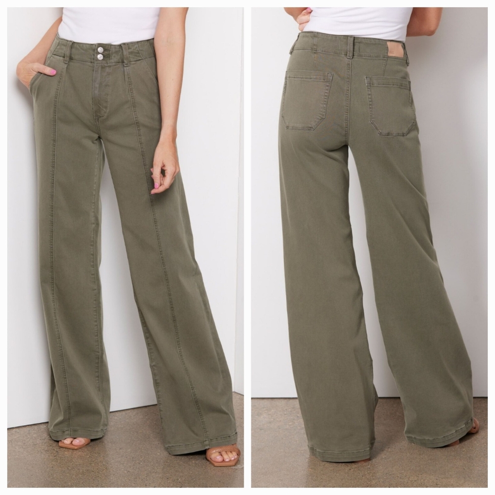PAIGE Olive Green Wide Leg Flare Jeans